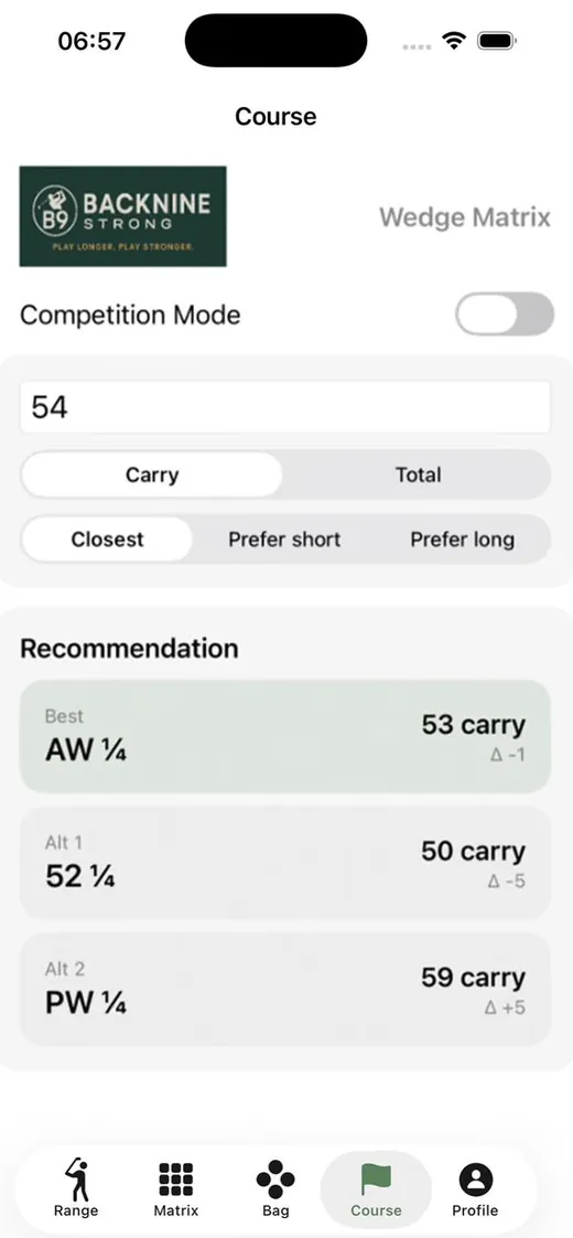 Course screen: enter 54 yards and get AW as the best club, with two alternatives